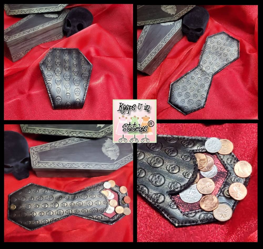 Keeps U in Stitches® Coin Coffin Handmade Custom Vinyl Wallet - Embossed Skulls on Gold/Black Vinyl