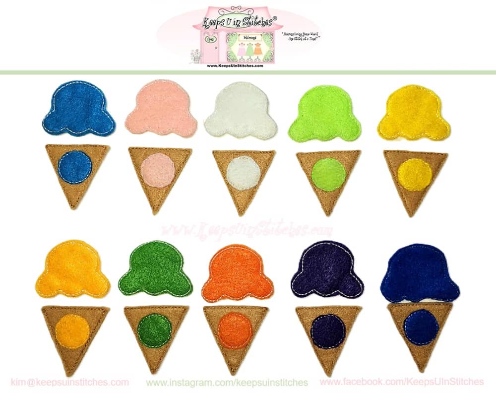 Custom Handmade Felt Embroidered Color Matching Ice Cream Cone Game - 10 Matching Colored Cones!