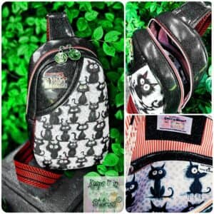 Keeps U in Stitches® - Custom Handmade Rosalie Sling Bag - Quirky Kitty Black Glitter Vinyl