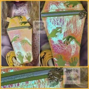 Keeps U in Stitches® – Custom Handmade Zombie Embroidered Coffin Zipper Crossbody Bag - Shifting Yellow Vinyl!